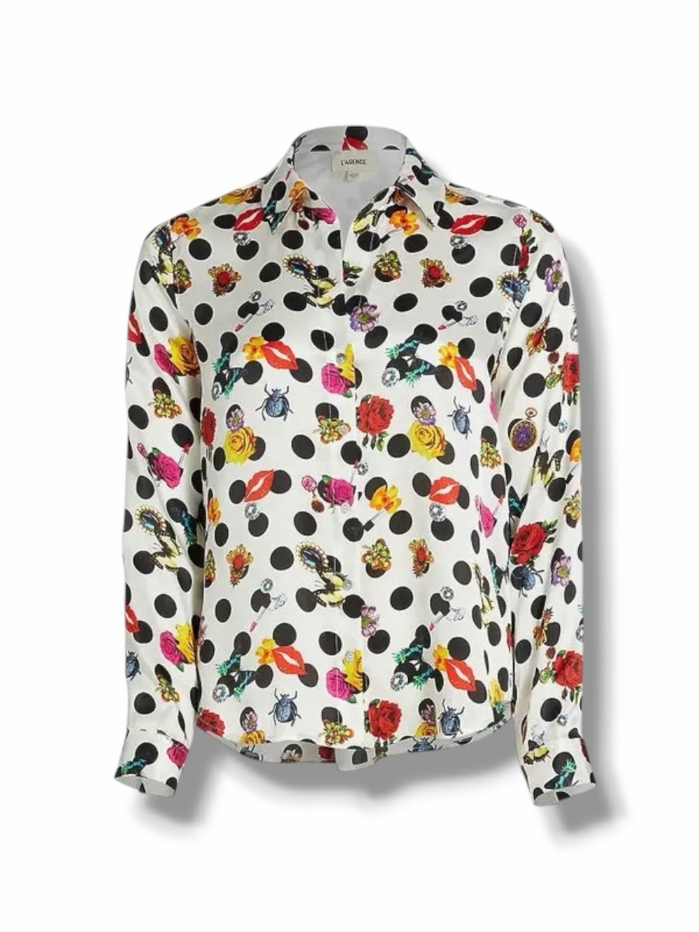 L'AGENCE Tyler Silk Button-Down Shirt Multicolor Butterfly Print Crystal Dot